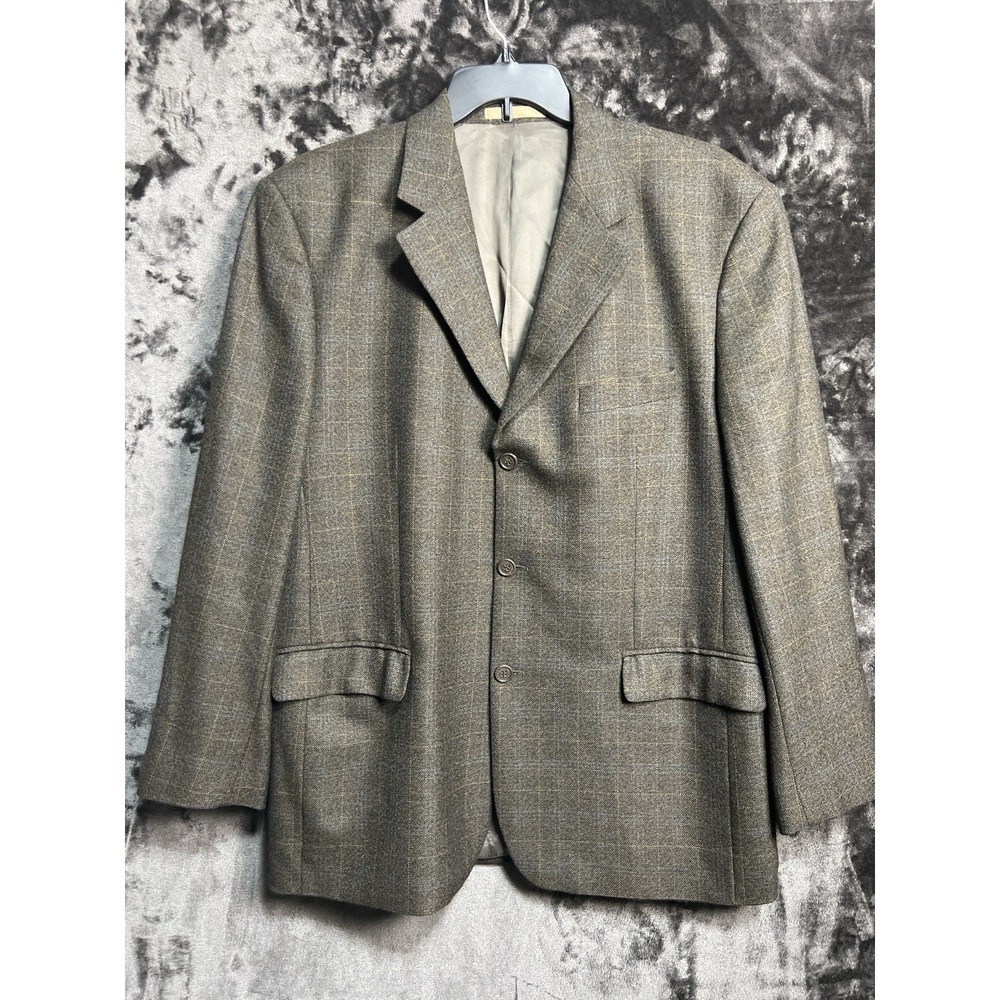 Chiarelli Men's Wool Blazer 42R Olive Brown Windowpane Sport Coat‎
